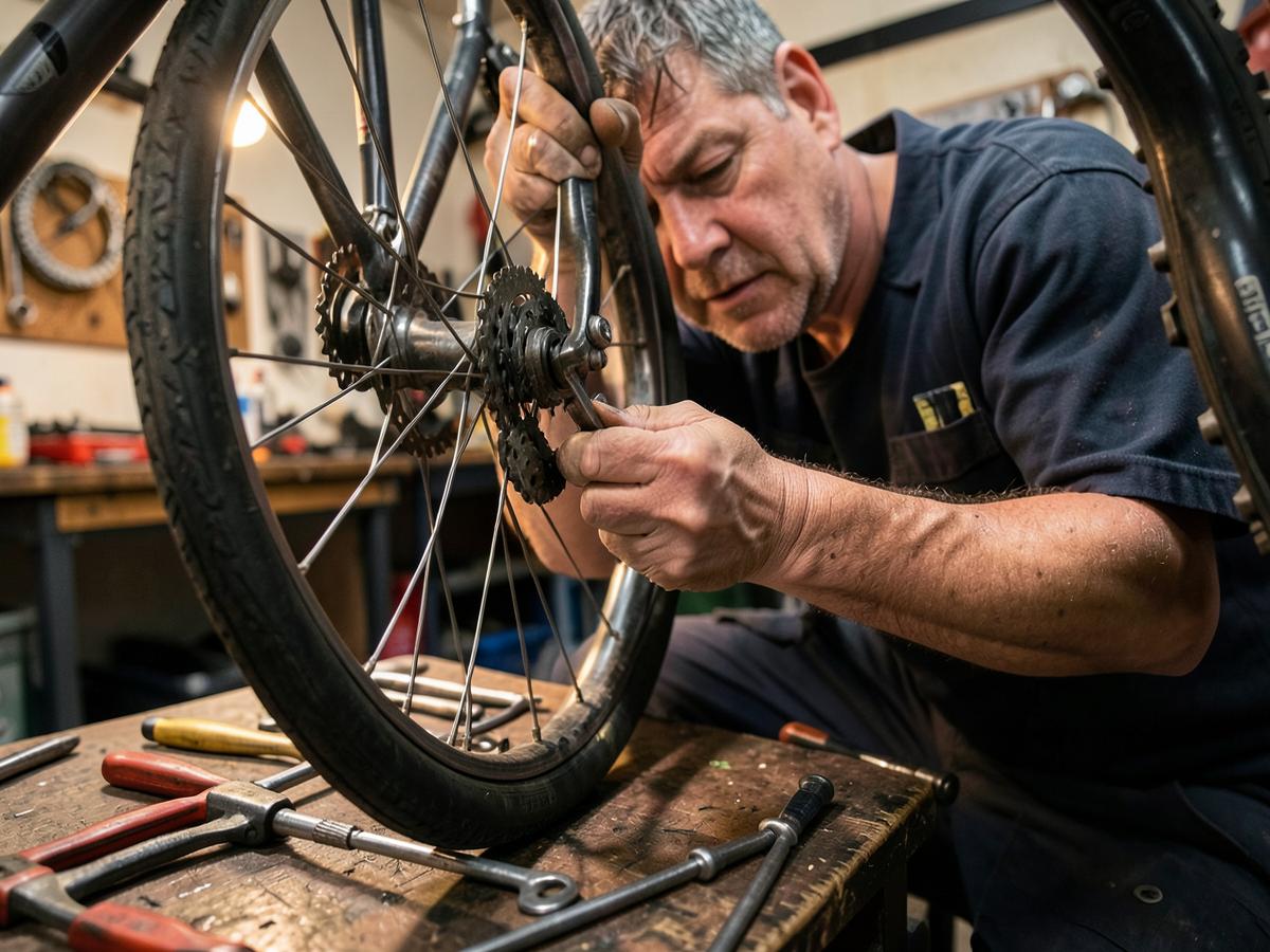 Monteur repareert een fietswiel in de werkplaats